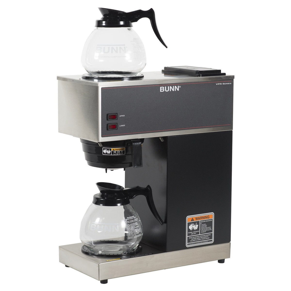 12-Cup Pourover Coffee Maker, Black, With Upper & Lower Warmers, 2 Glass Decanters - Commercial Use