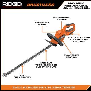 RIDGID 18V Brushless Cordless 22 in Hedge Trimmer Kit With 2.0 Ah Battery And Charger - R01401K