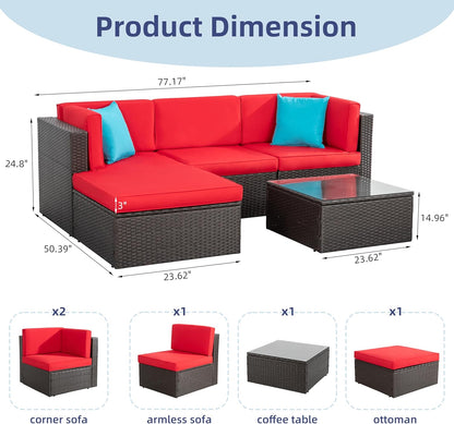 5-Piece All-Weather Wicker Patio Conversation Set With Ottoman And Cushions