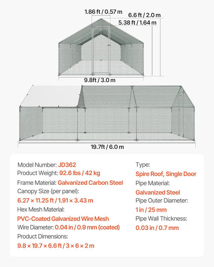 VEVOR Walk-In Metal Chicken Coop With Cover, 19.7 x 9.8 x 6.5 ft, Spire Roof And Security Lock