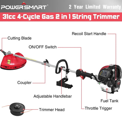 PowerSmart 4-Cycle 31cc 15lb Straight Shaft Gas String Trimmer And Brush Cutter