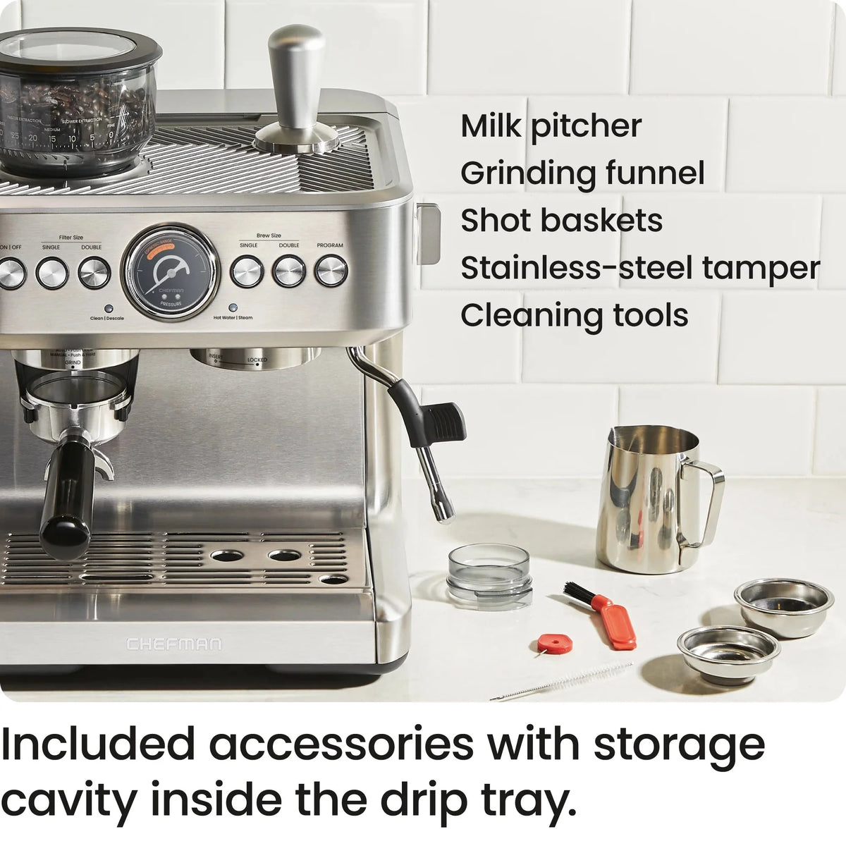 Chefman Crema Supreme Espresso Machine With Conical Burr Grinder And Steam Wand, Stainless Steel - RJ54-G-SS