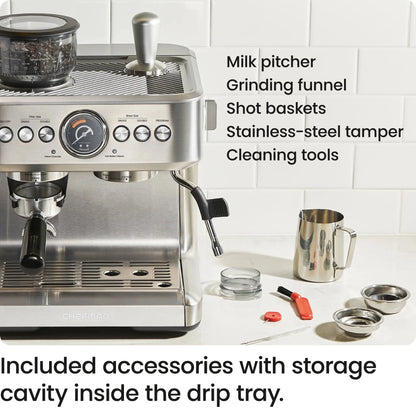 Chefman Crema Supreme Espresso Machine With Conical Burr Grinder And Steam Wand, Stainless Steel - RJ54-G-SS