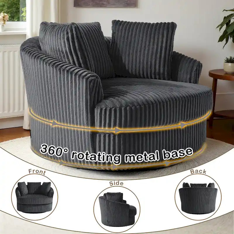 2-Piece Oversized 43 W Plush Corduroy Swivel Barrel Chairs With Pillows