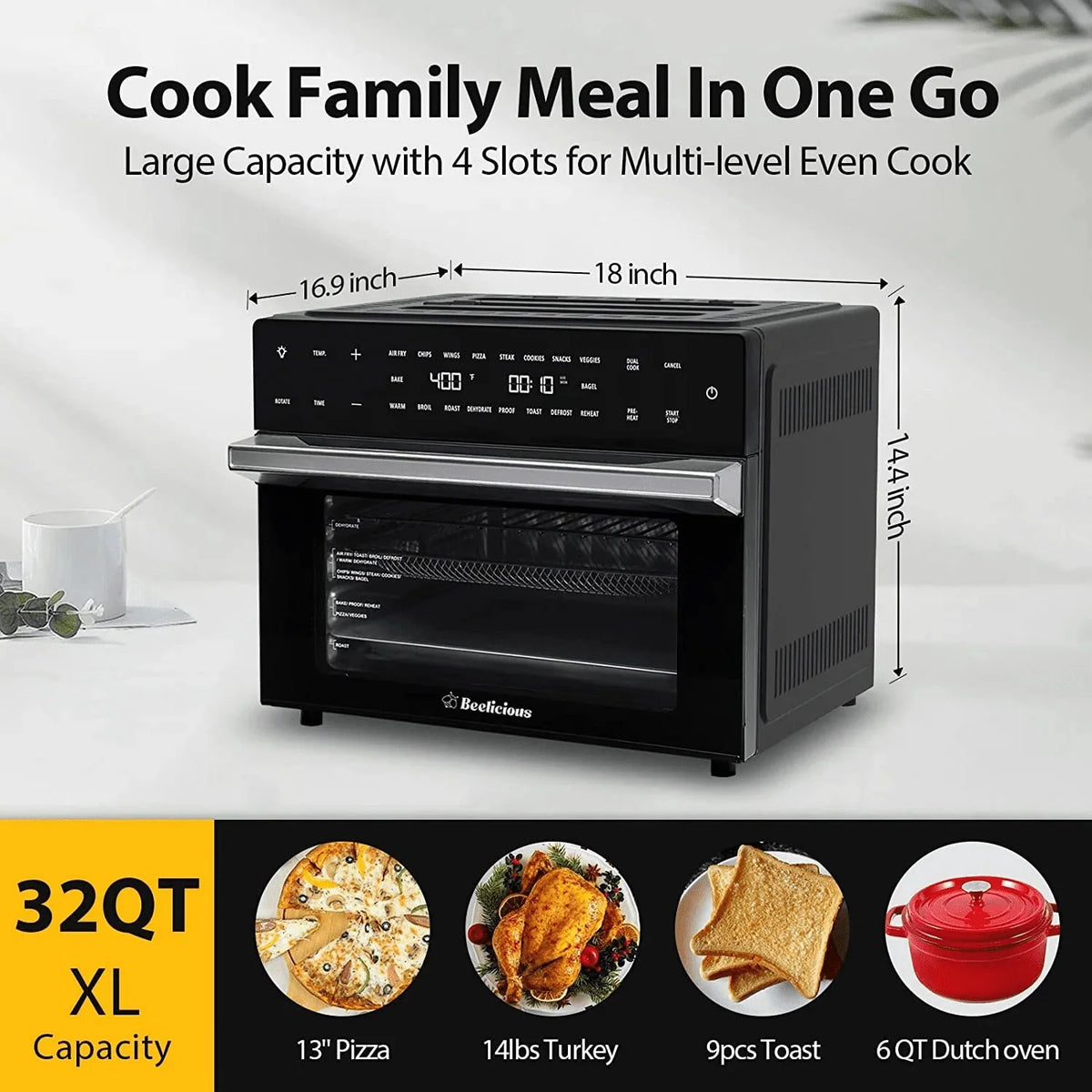 Beelicious 32QT Air Fryer Toaster Oven With Rotisserie And Dehydrator, 6 Accessories, 1800W, Black