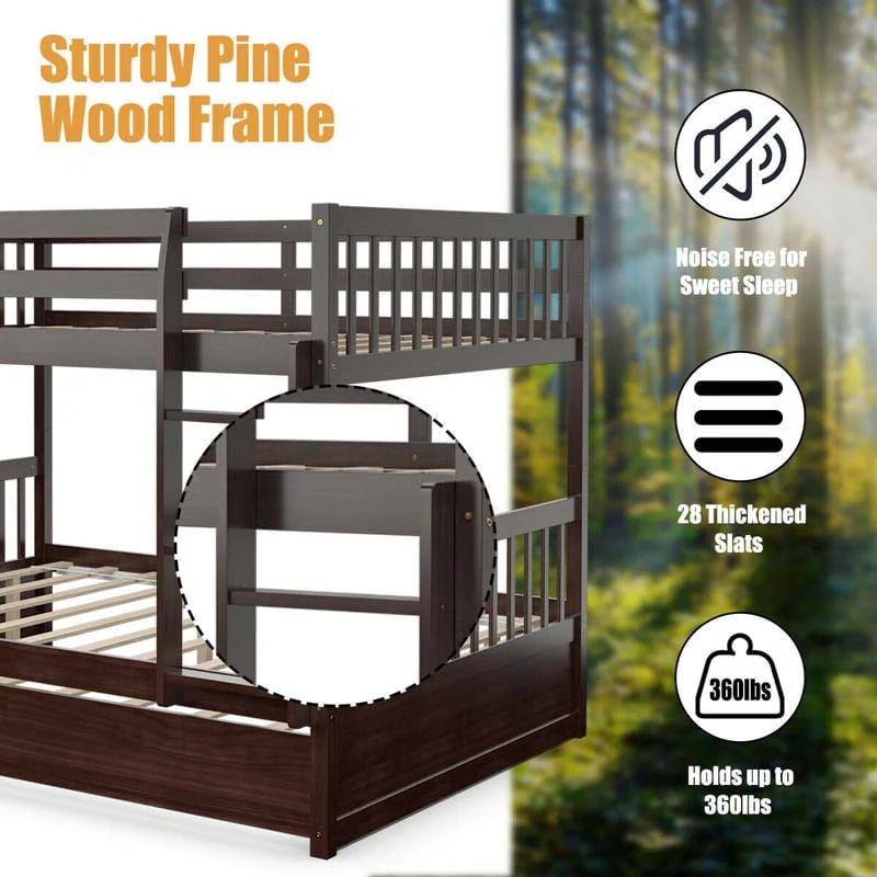 Full Over Full Convertible Bunk Bed Frame With Trundle, Ladder And Guardrails