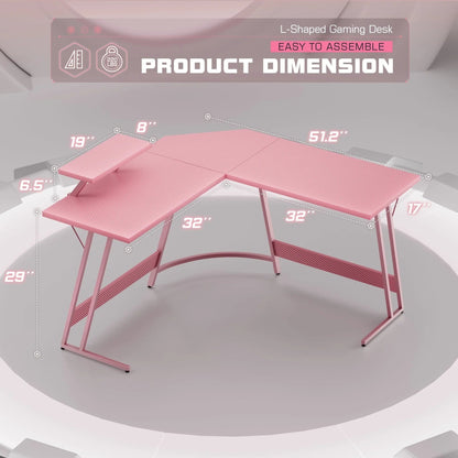 L-Shaped Gaming Computer Corner Desk With Monitor Stand - 220 lbs Capacity