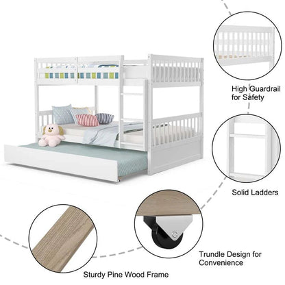 Full Over Full Convertible Bunk Bed Frame With Trundle, Ladder And Guardrails