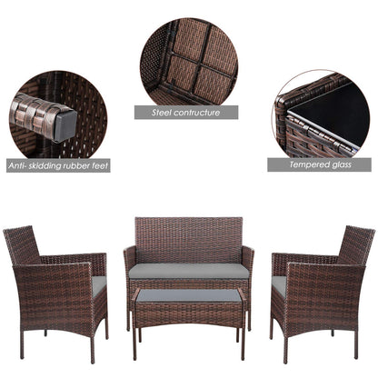 4-Piece Outdoor Patio Furniture Set With Rattan Wicker Chairs, Loveseat And Glass-Top Table