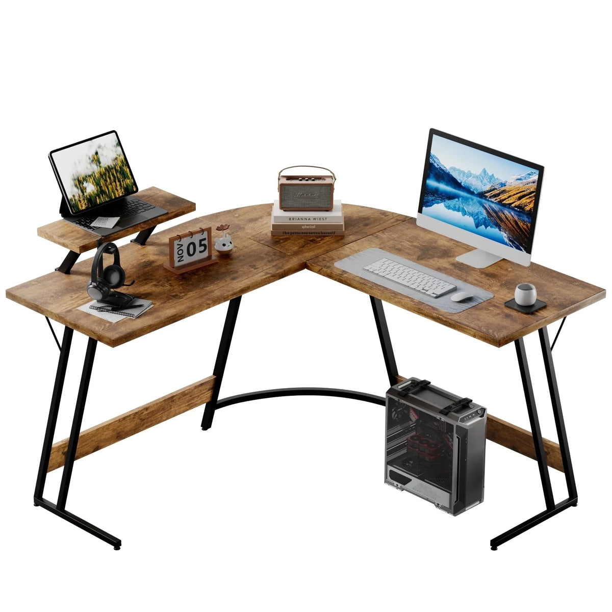 L-Shaped Gaming Computer Corner Desk With Monitor Stand - 220 lbs Capacity