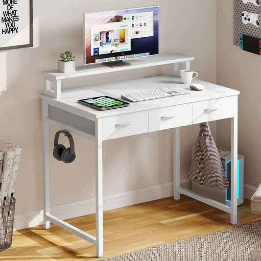 Computer Desk With 3 Fabric Drawers And Monitor Stand