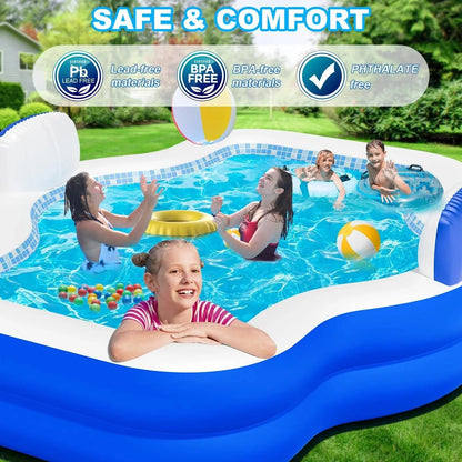Family Inflatable Swimming Pool 121 x 90 x 22 in With Electric Pump, 2 Seats And 2 Headrests