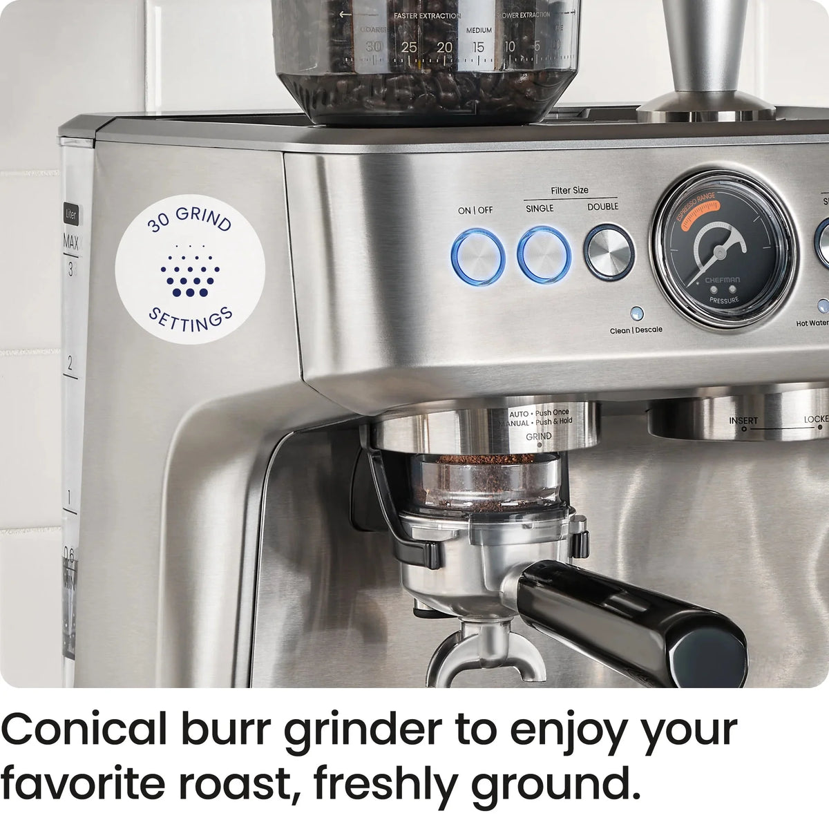 Chefman Crema Supreme Espresso Machine With Conical Burr Grinder And Steam Wand, Stainless Steel - RJ54-G-SS