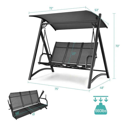 3-Person Aluminum Outdoor Patio Porch Swing Chair Bench Glider With Adjustable Canopy - Gray