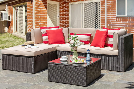 5-Piece All-Weather Wicker Patio Conversation Set With Ottoman And Cushions