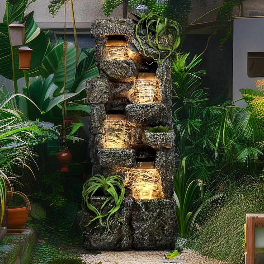 Outdoor Garden Water Fountain, 4 Tiers, 55.5 in High, Glass Fiber Reinforced Concrete