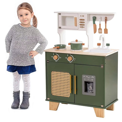 Robud Wooden Kids Kitchen Play Set With Ice Maker, Vintage Green, Ages 3+ - 21.65 x 11.65 x 31.5 in