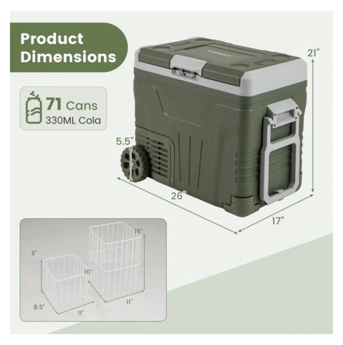 Portable 12V Car Refrigerator Electric Cooler, 35L/50L, Green