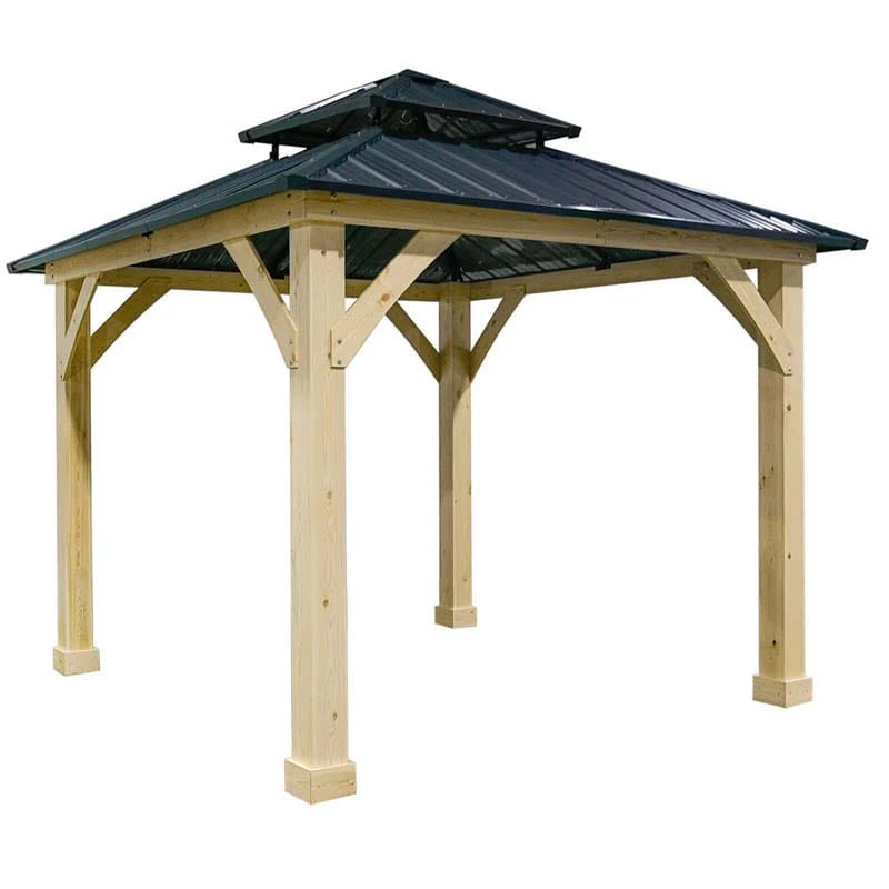 Outdoor Patio Hardtop Gazebo, 10 x 10 Ft, Wood Frame, 2-Tier Metal Roof, Gray
