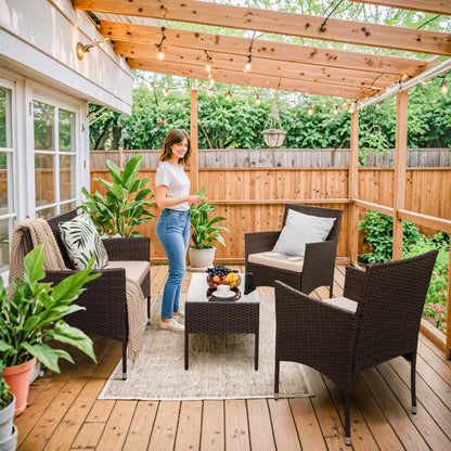 4-Piece Outdoor Patio Furniture Set With Rattan Wicker Chairs, Loveseat And Glass-Top Table