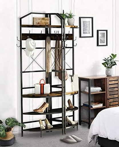MQLIFEBOOM 3-in-1 Corner Entryway Hall Tree With Bench, Shoe Rack And Coat Rack, Rustic Brown/Black, 17.72in x 17.72in x 72.05in