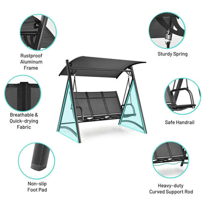 3-Person Aluminum Outdoor Patio Porch Swing Chair Bench Glider With Adjustable Canopy - Gray